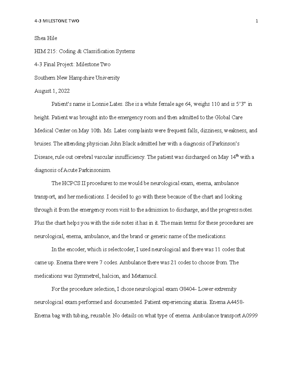 HIM 215 Final Project Milestone Two: Patient Case Study Analysis - Studocu