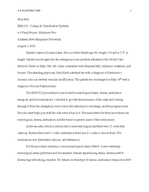 HIM 215 Milestone 3: CPT Code Assignment for Patient Case Study - Studocu