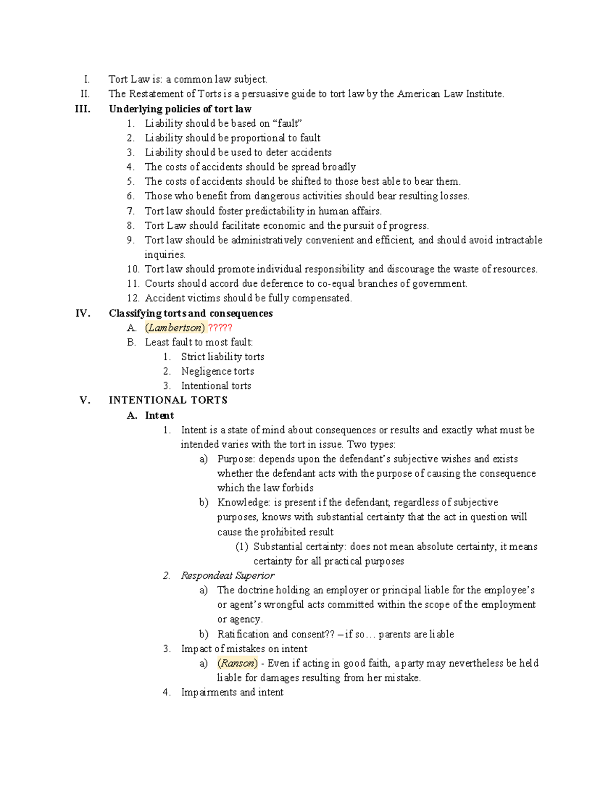 Midterm Study Notes for Torts Law: Key Concepts and Principles - Studocu