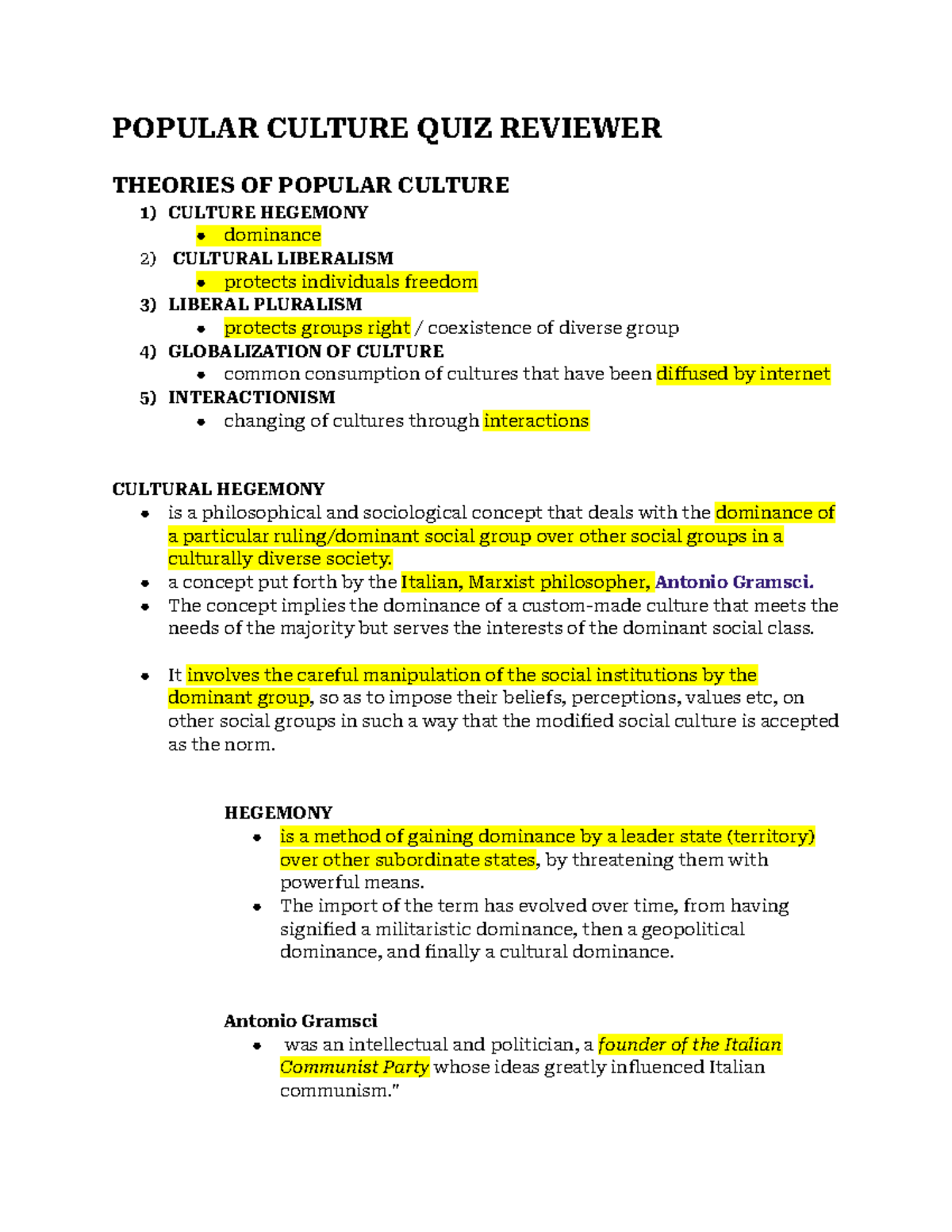 Popular Culture Quiz Reviewer: Theories & Concepts Explained - Studocu