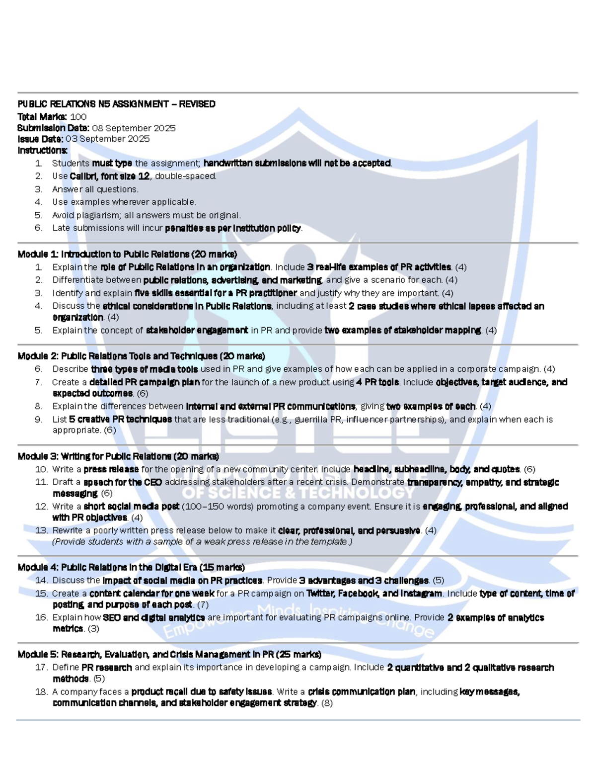 PUBLIC RELATIONS N5 ASSIGNMENT GUIDELINES AND REQUIREMENTS - Studocu