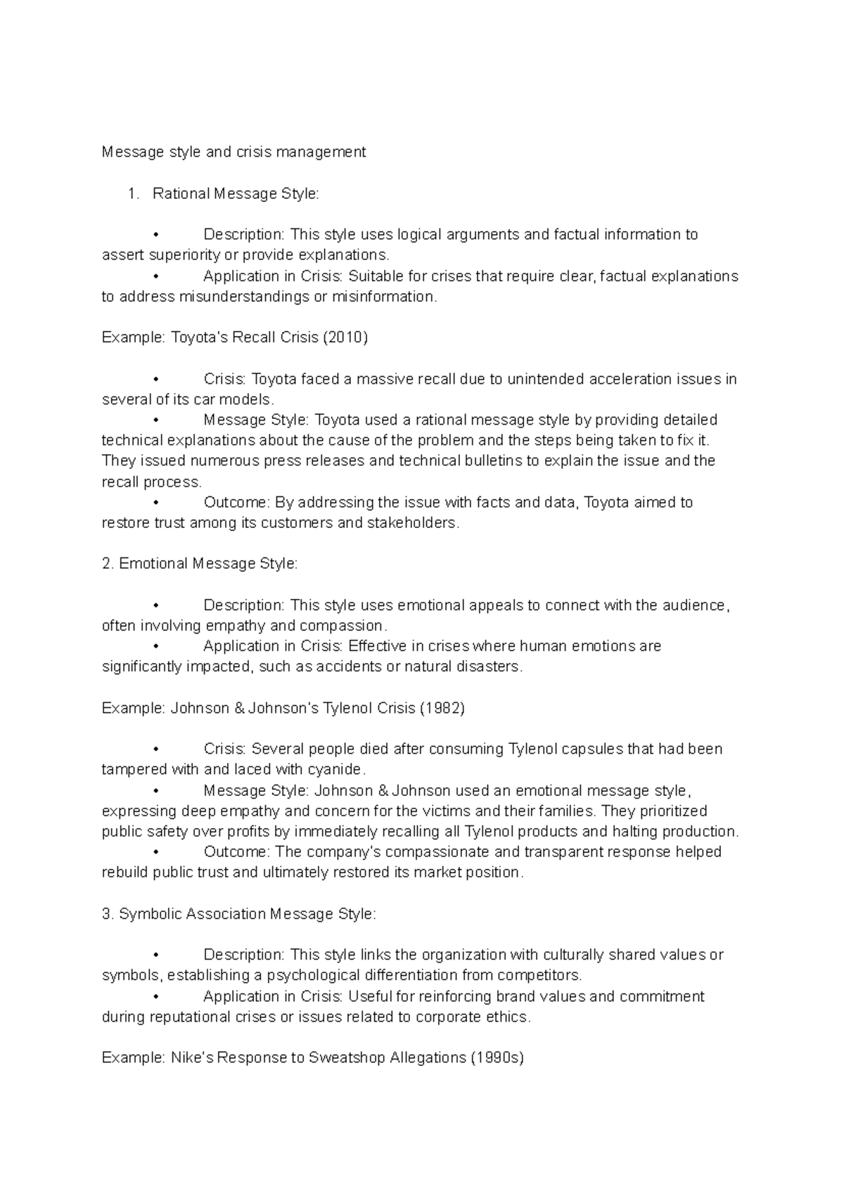 PRRM: Crisis Management Message Styles and Their Applications - Studeersnel