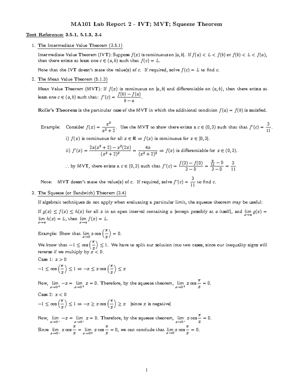 MA101 Lab 2 - Lecture Notes on IVT, MVT, and Squeeze Theorem - Studocu