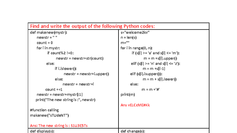 Output-Questions - Notes for Python Programming (CS101) - Studocu