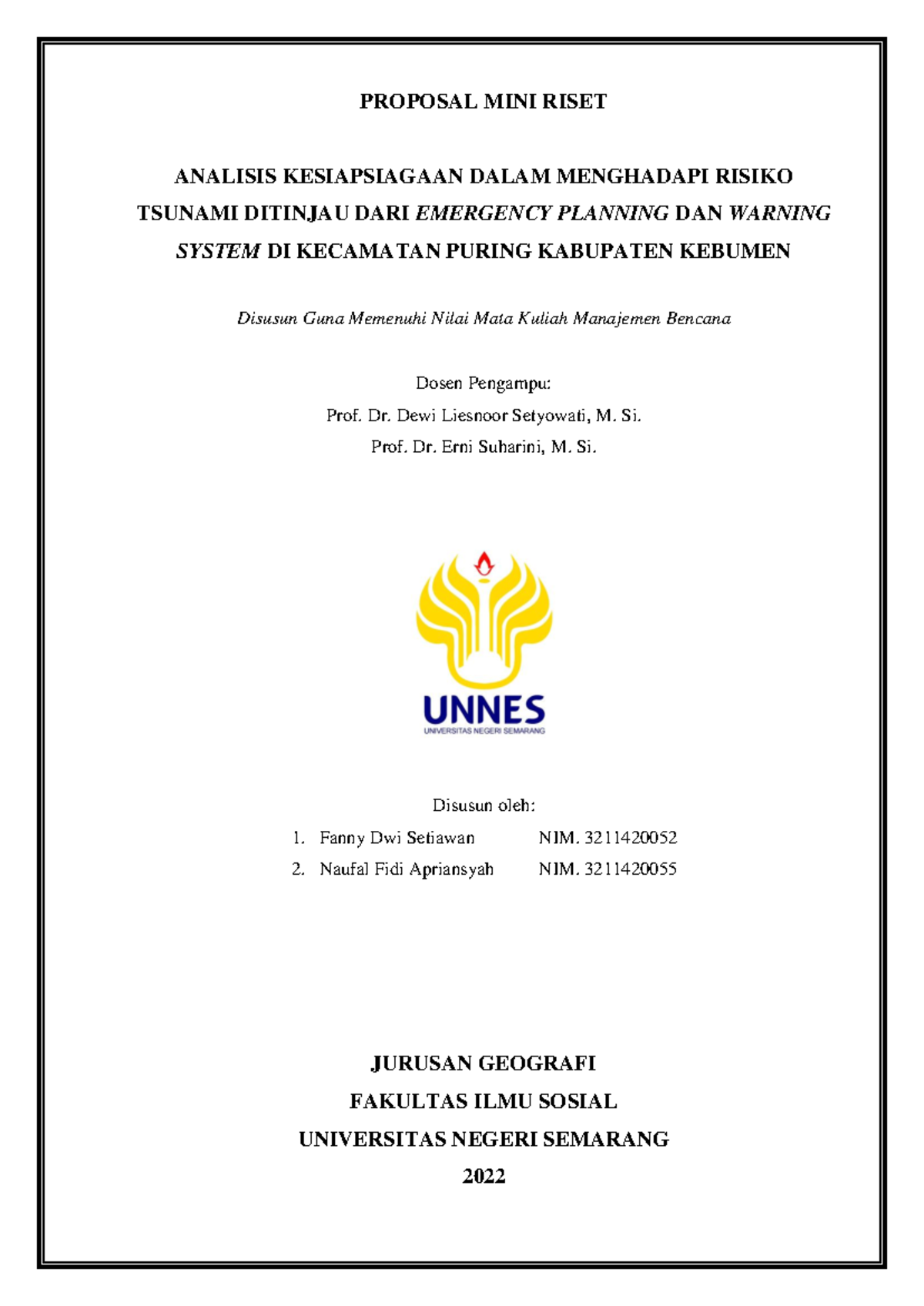 Proposal Mini Riset: Analisis Kesiapsiagaan Tsunami di Puring - Studocu