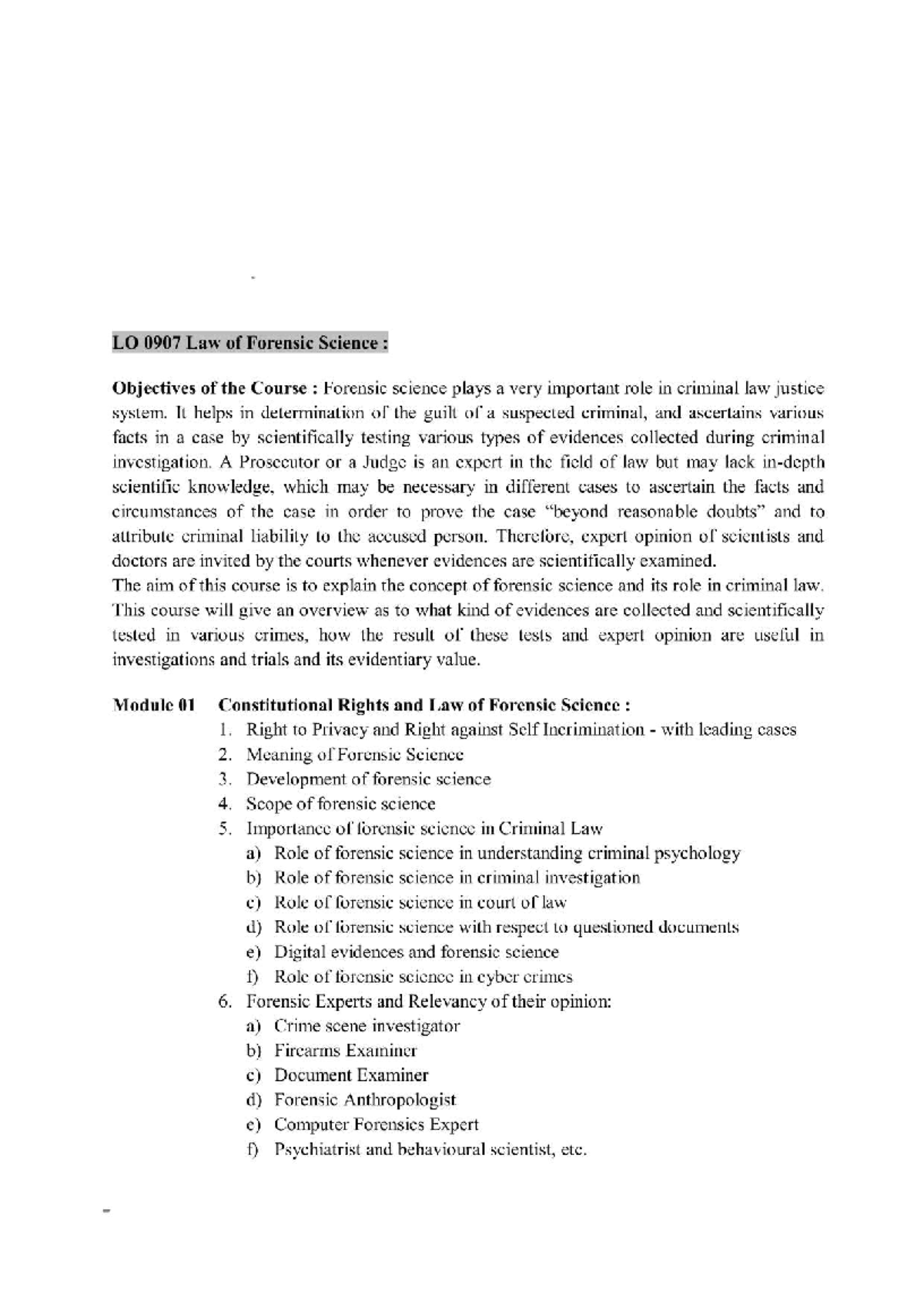 LO 0907 Forensic Science Course Overview and Objectives - Studocu