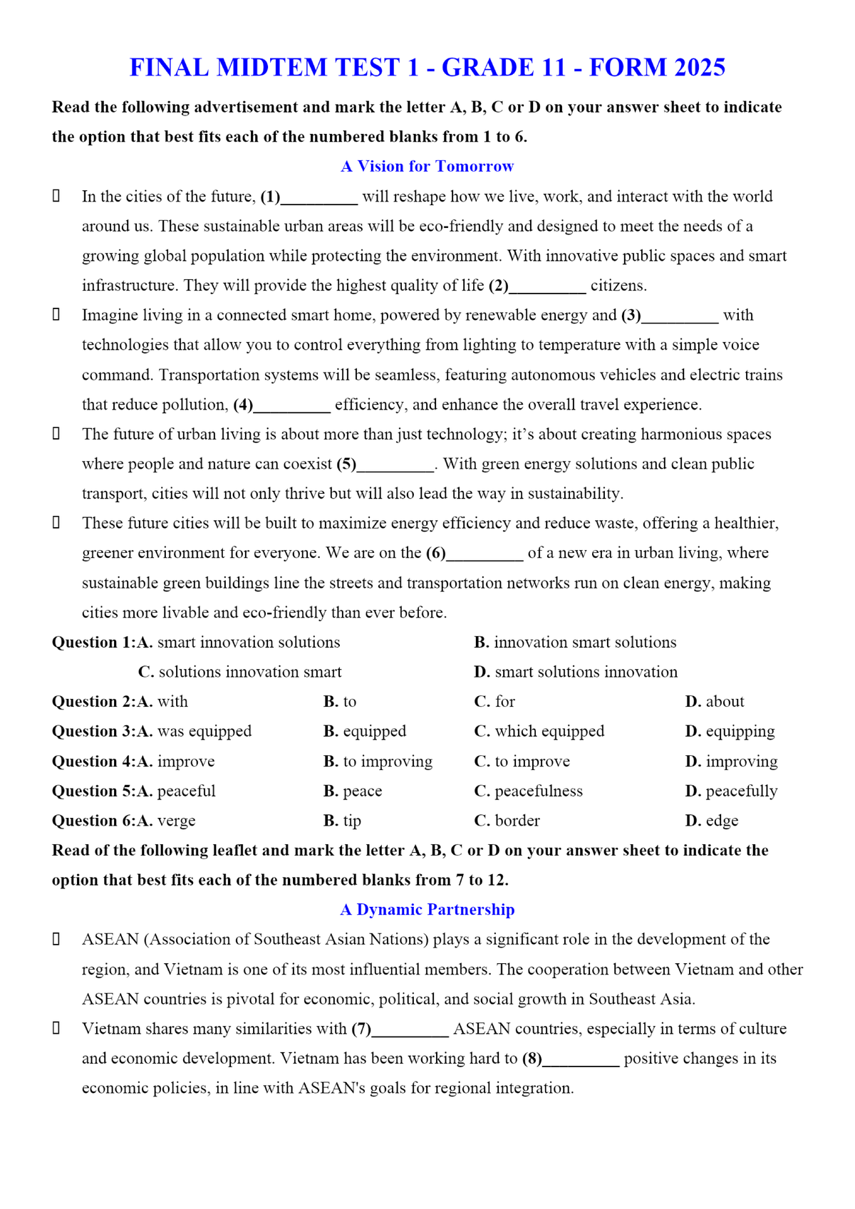 First Semester Final Exam TEST 1 - Grade 11 - FORM 2025 Detailed ...