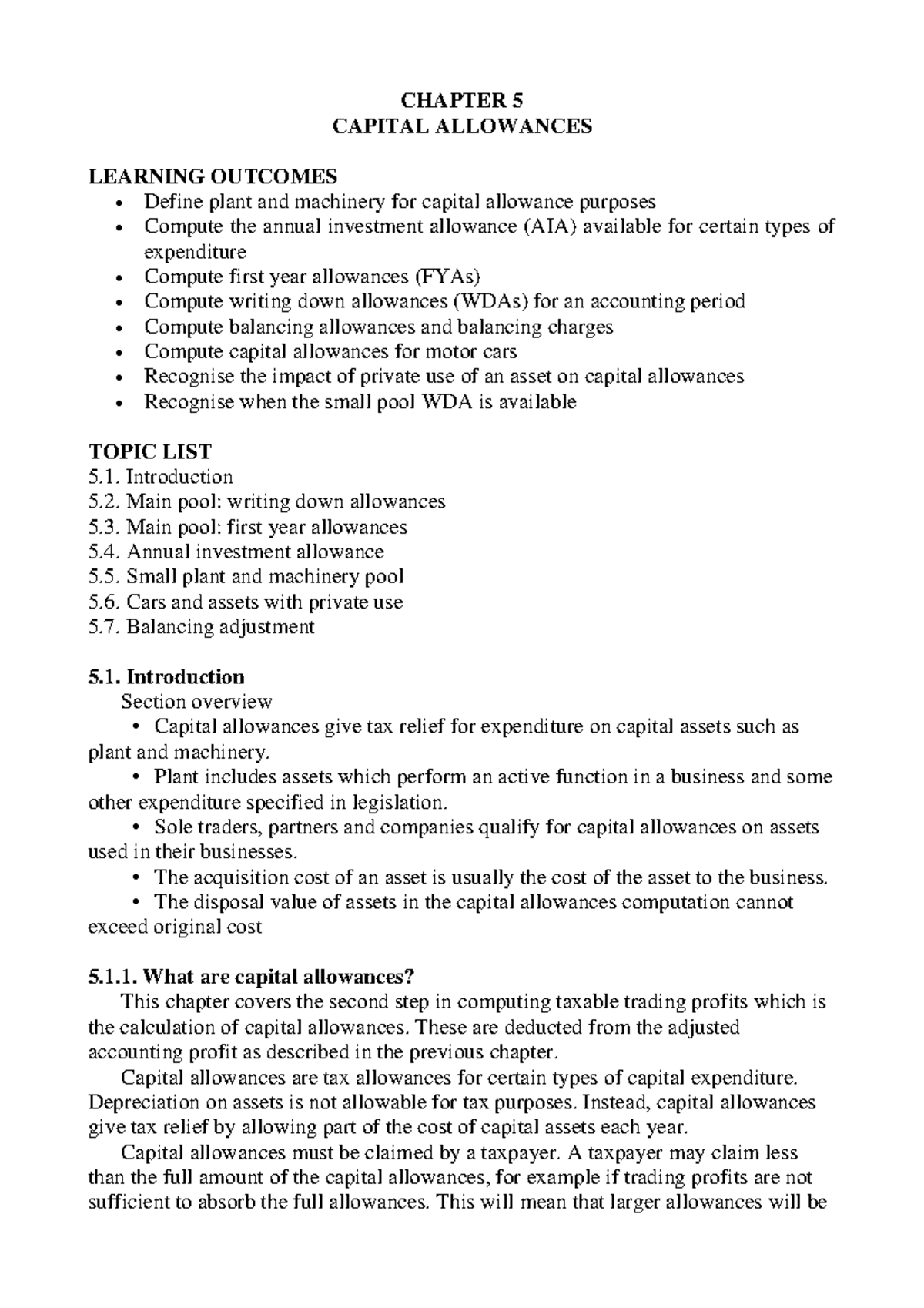 Chapter 5: Capital Allowances Overview and Calculations Guide - Studocu