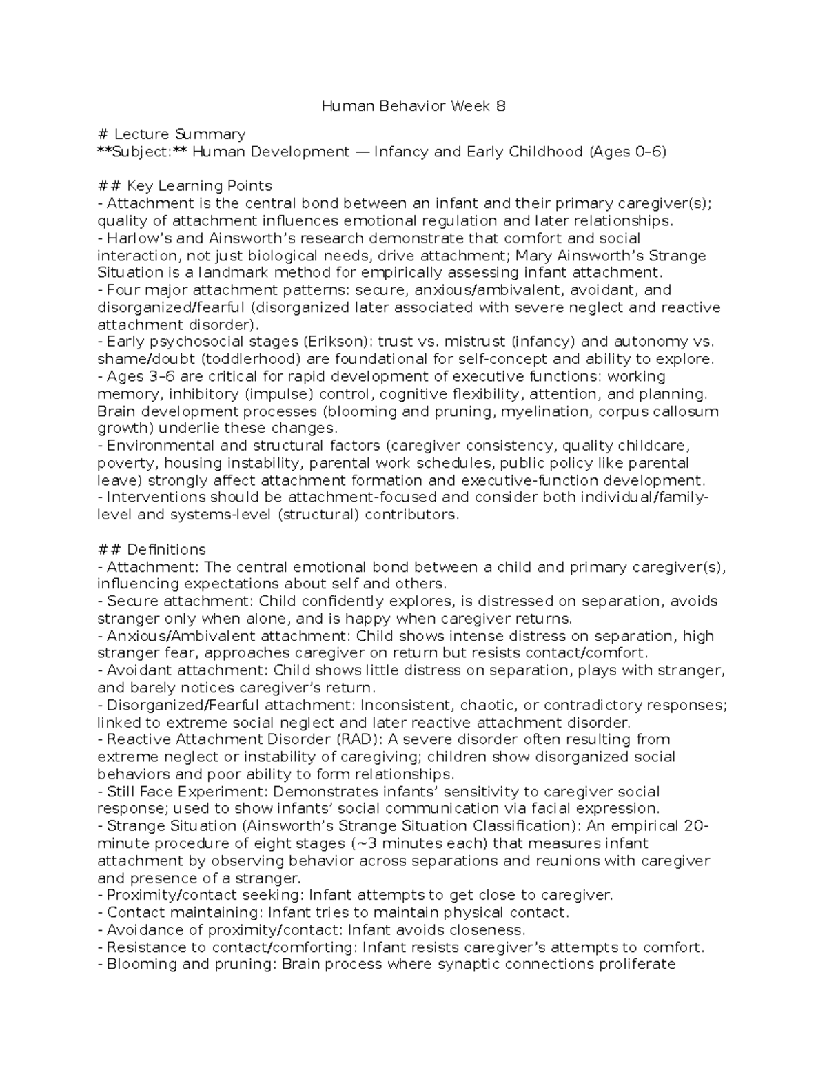 Human Behavior Lecture Notes: Week 8 - Infancy & Early Childhood ...