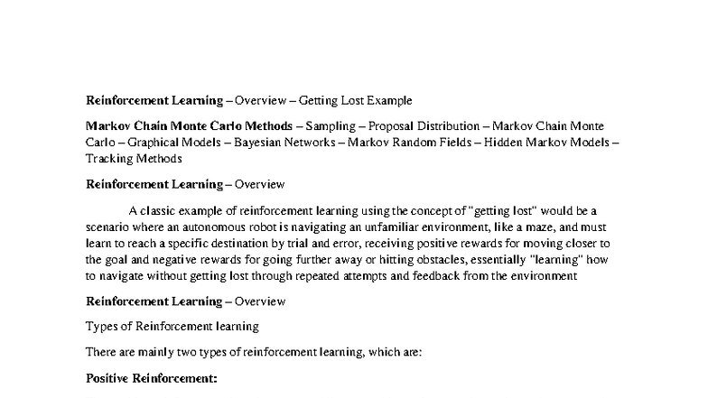 ML Unit 5: Overview of Reinforcement Learning & MCMC Methods - Studocu