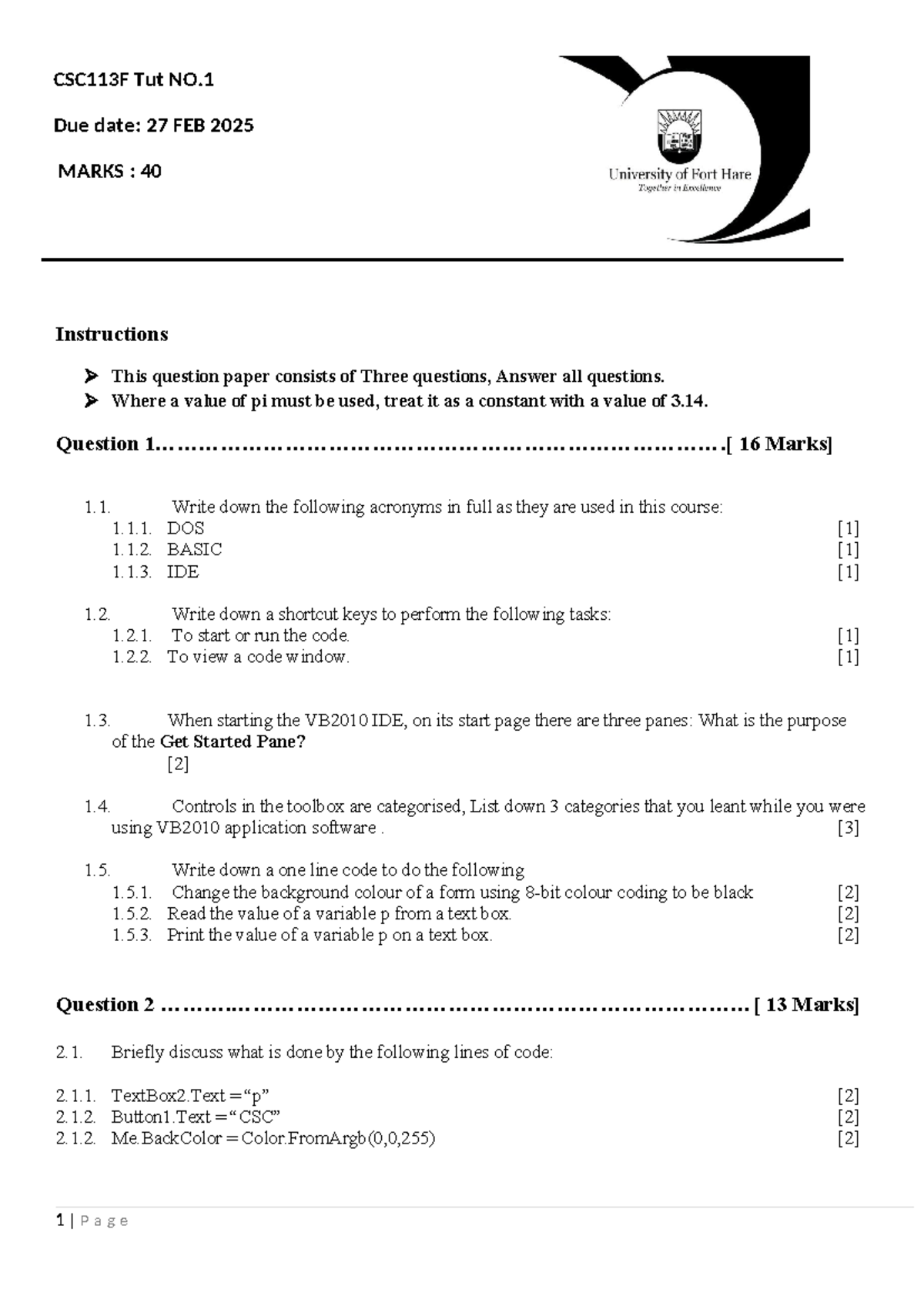 CSC113F Tut1 2025 - Comprehensive Tutorial Questions and Solutions ...