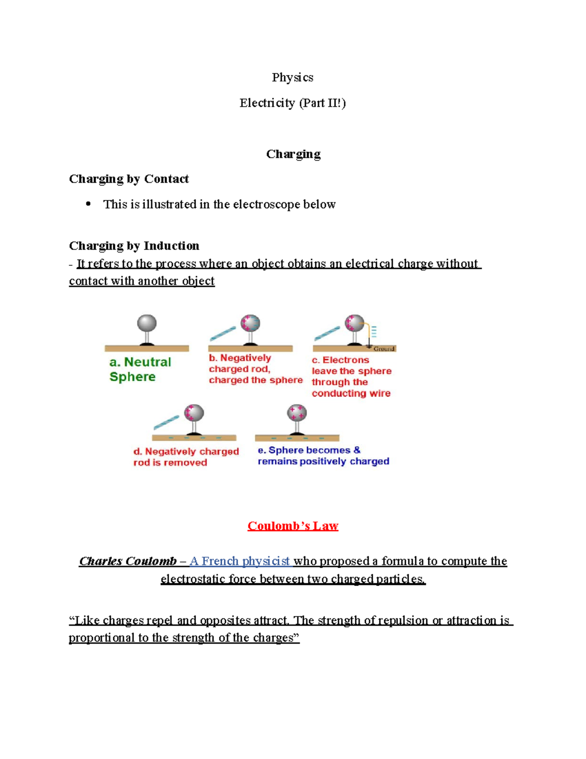 Physics - Physics Electricity (Part II!) Charging Charging by Contact ...