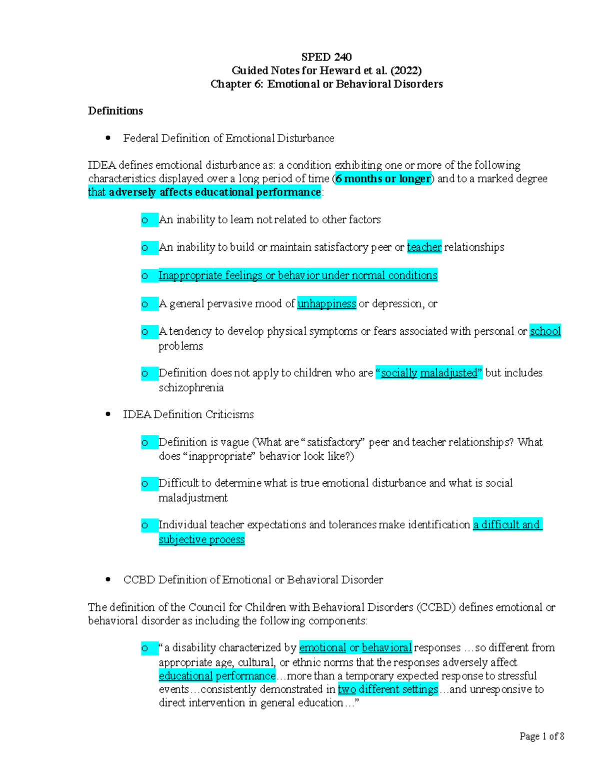 SPED 240 Chapter 6 Notes: Emotional & Behavioral Disorders Insights ...