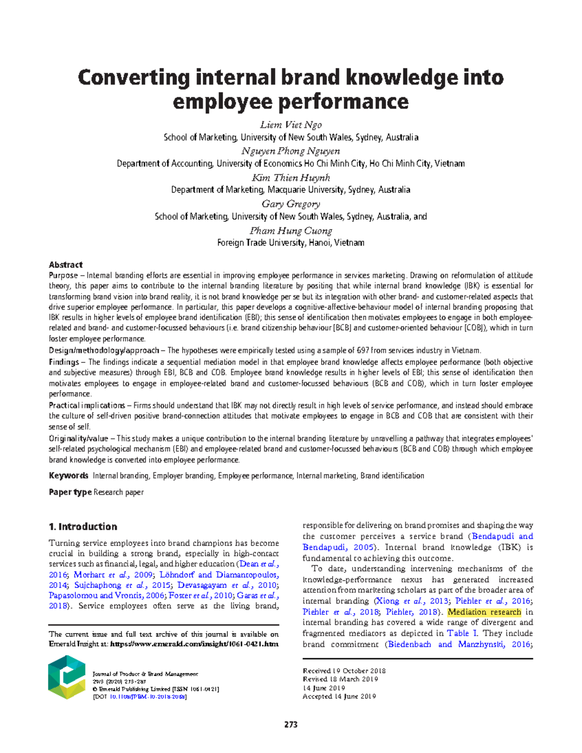 Key paper - Ngo et al 2020 - JPBM - Converting internal brand knowledge ...