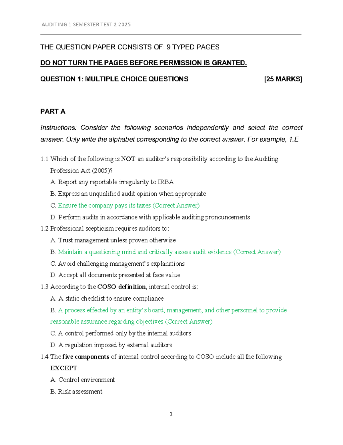 AUDITING 1 SEMESTER TEST 2 2025 QUESTION PAPER AND MEMO - Studocu