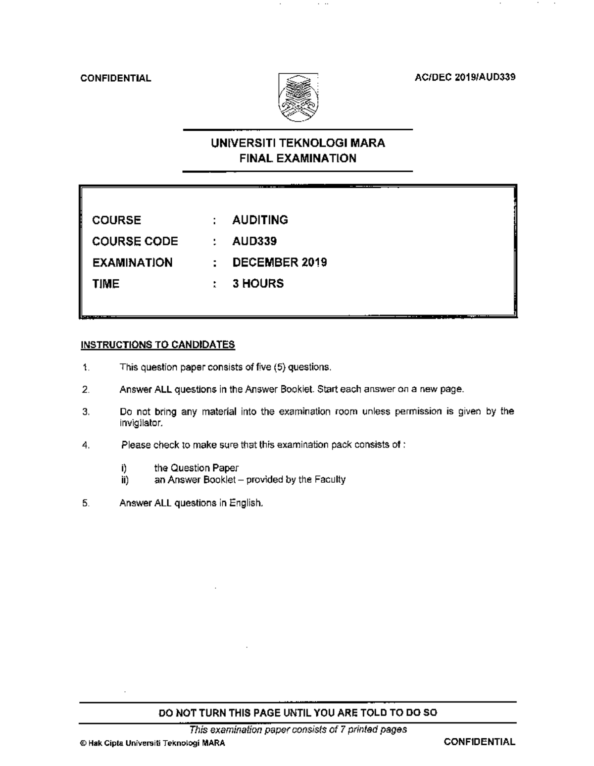 AUD339 Final Exam Paper - Auditing December 2019 - Studocu