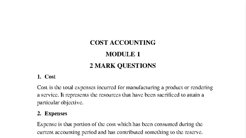 COST ACCOUNTING MODULE 1: 2 MARK QUESTIONS & KEY CONCEPTS - Studocu