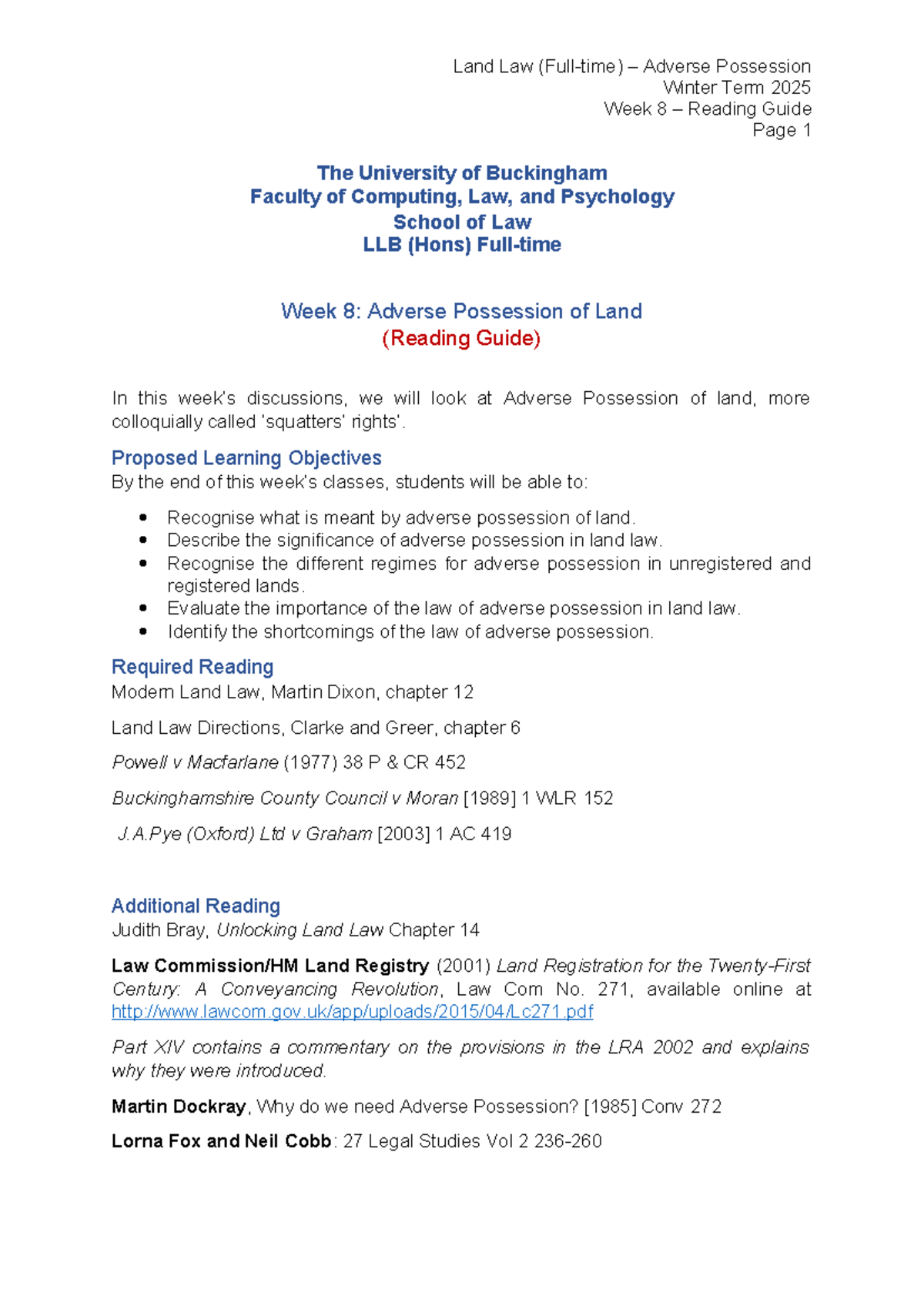 Land Law LLB (Hons) Adverse Possession Week 8 Reading Guide Winter 2025 ...