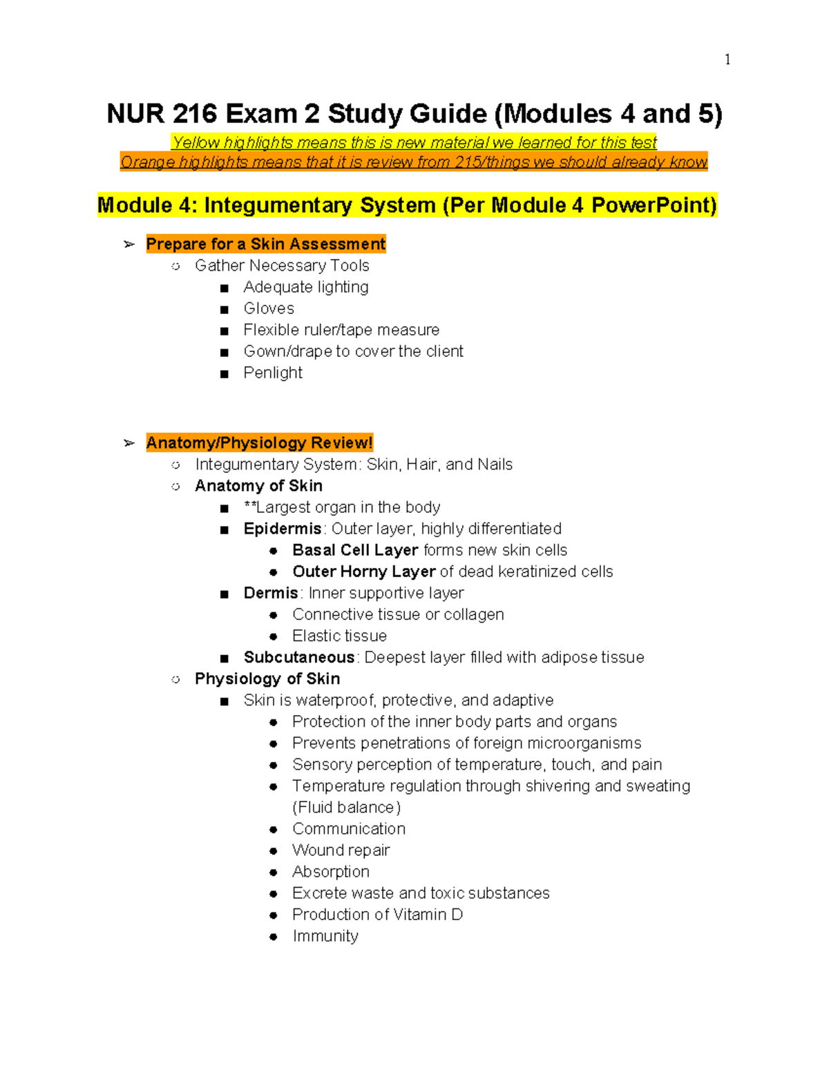 216 NUR 216 Exam 2 Study Guide: Integumentary System Insights - Studocu