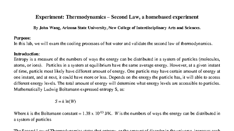 Thermodynamics Experiment: Validating the Second Law of Thermodynamics ...