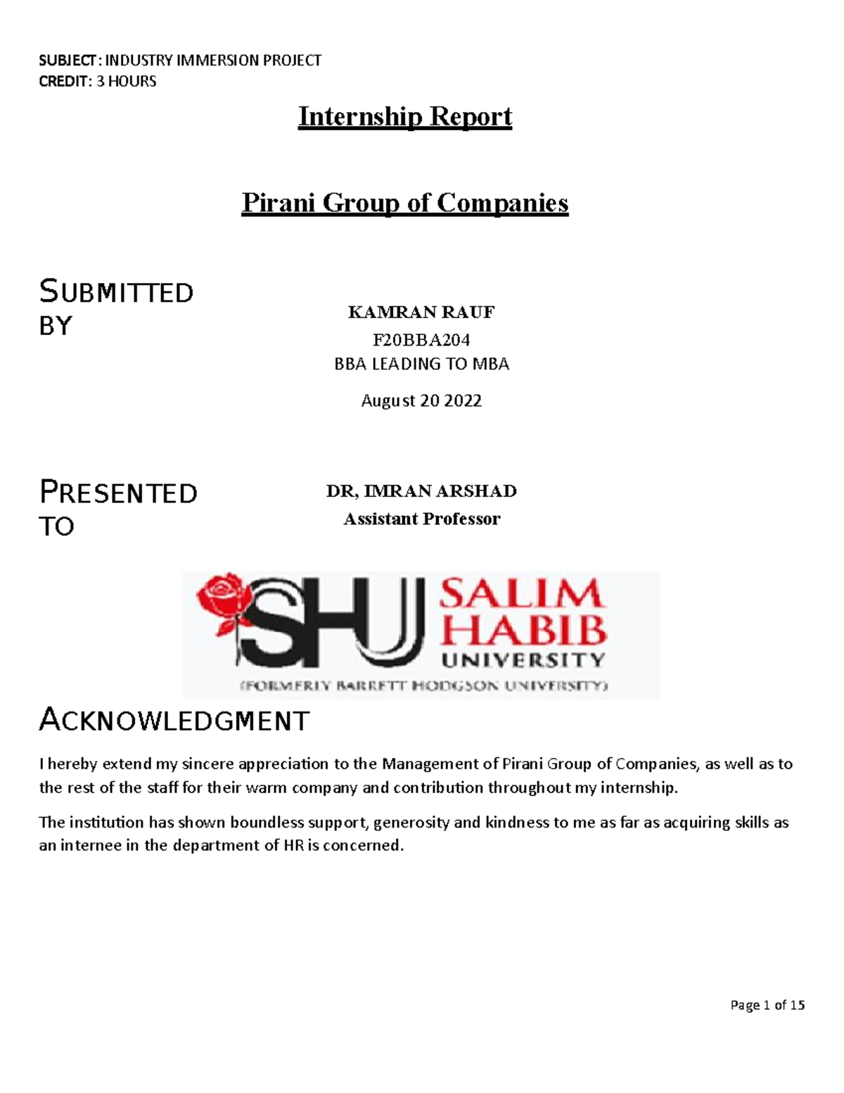 Internship Report F20BBA - Kamran Rauf - Final Submission - Studocu