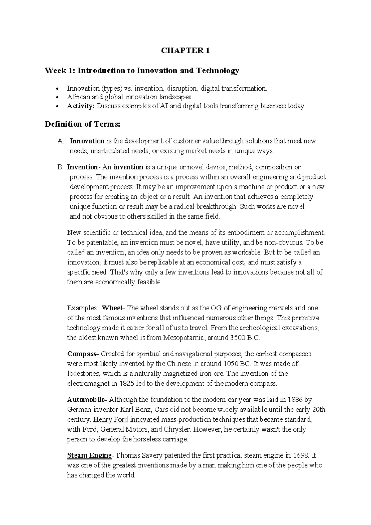 CHAPTER 1: Introduction to Innovation & Technology (Types) - Studocu