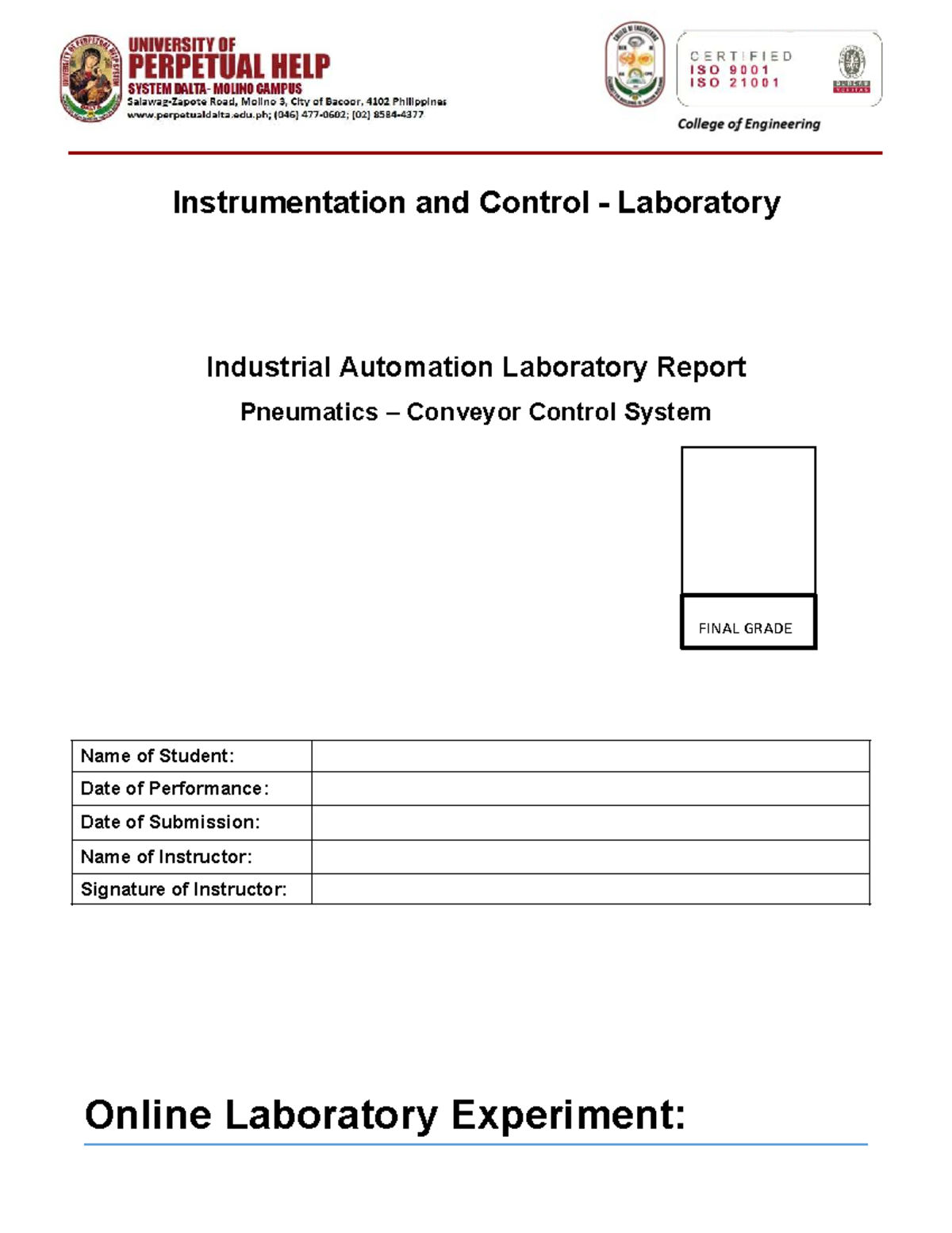 Instrumentation and Control Lab Report: Pneumatic Conveyor System ...