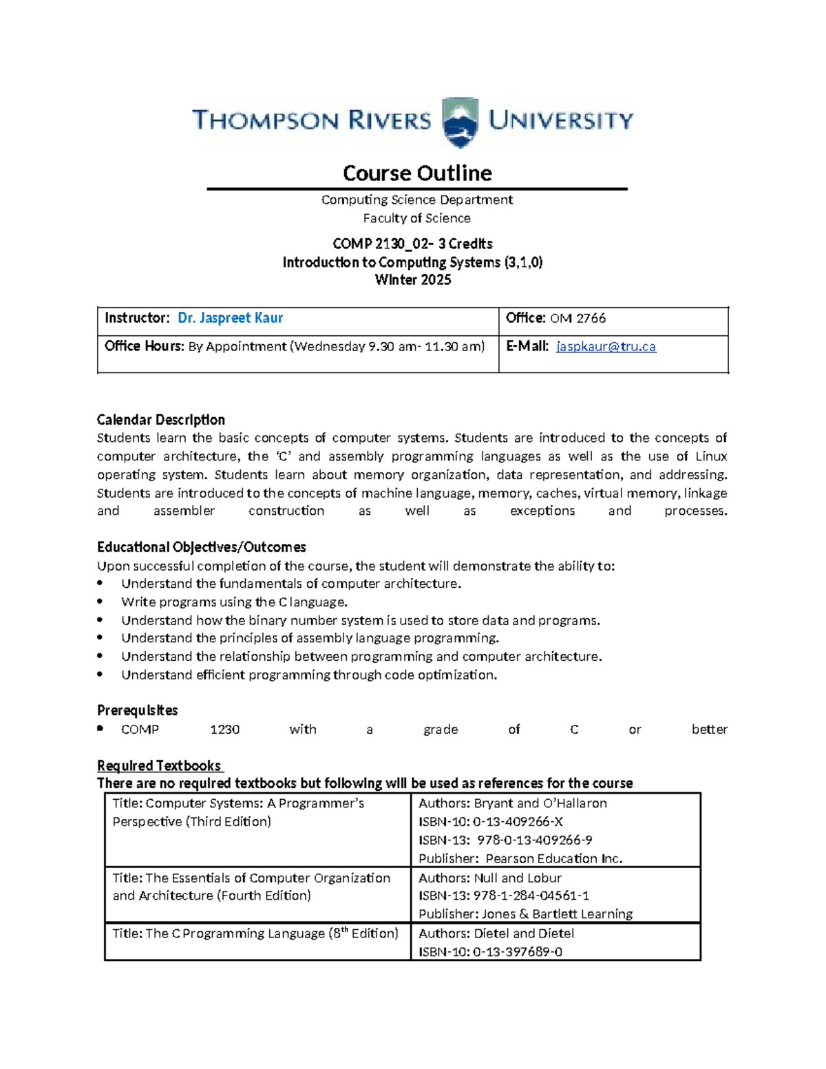 COMP 2130 Course Outline: Introduction to Computer Systems Winter 2025 ...