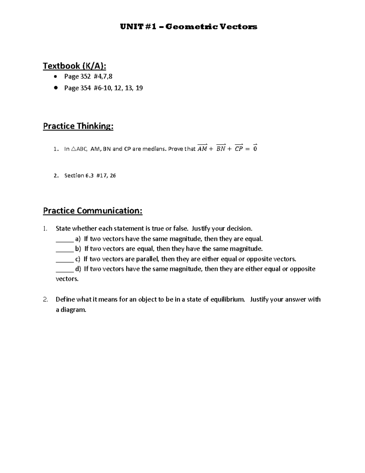 Unit 1 Review 2025: Geometric Vectors & Medians Practice - Studocu