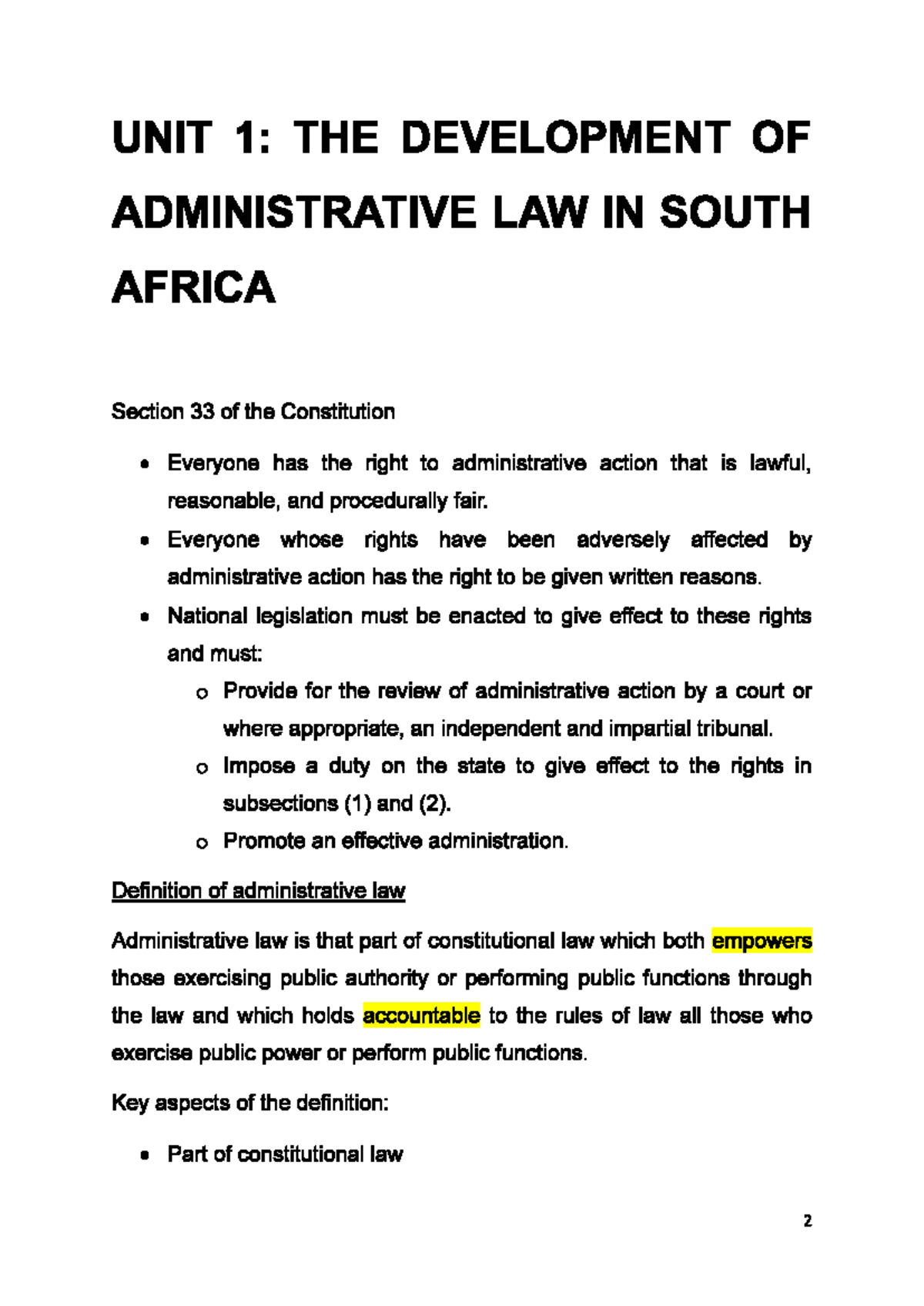 Admin Notes 1: Development of Administrative Law in SA - Studocu