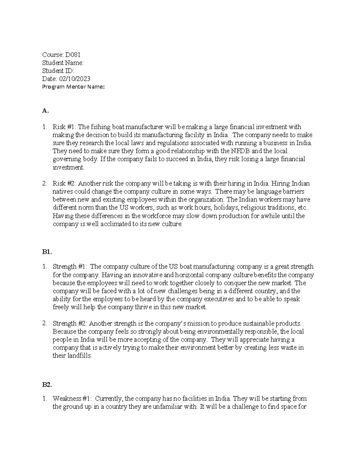 D081 Task 2 Analysis: Risks, Strengths, Weaknesses, Opportunities ...