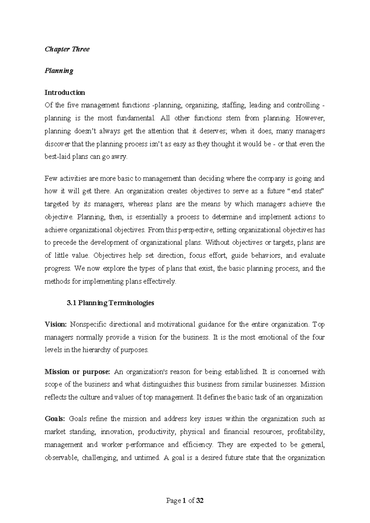 Chapter 3 Planning: Key Concepts and Processes in Management - Studocu