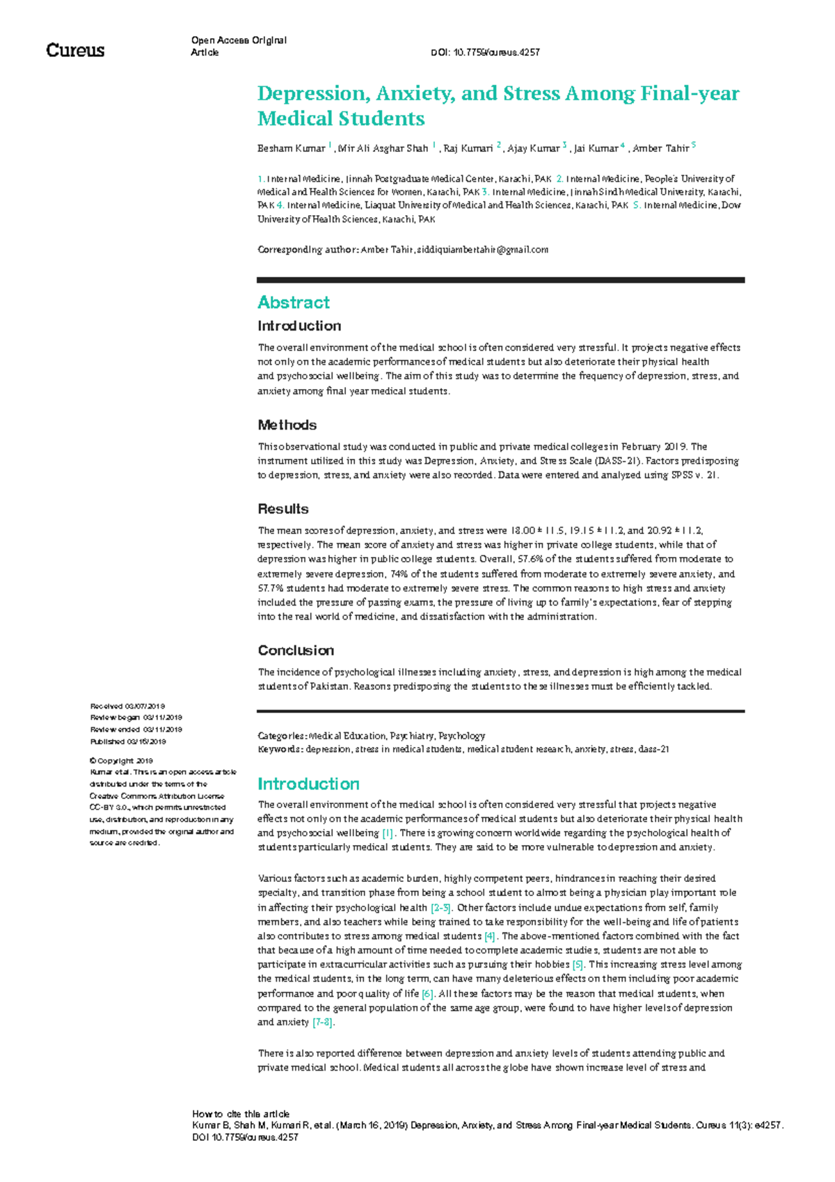 Depression, Anxiety, and Stress in Final Year Medical Students: A Study ...