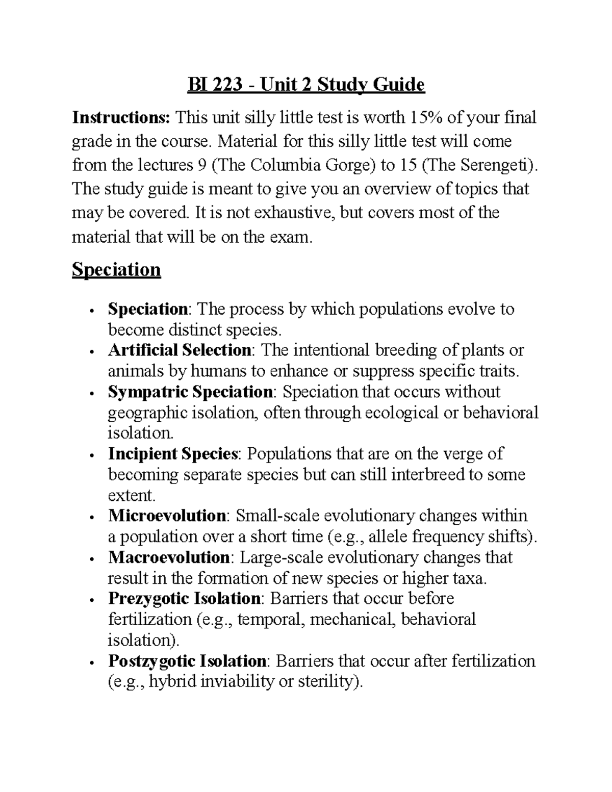 BI 223 Unit 2 Exam Study Guide: Speciation and Evolution Concepts - Studocu