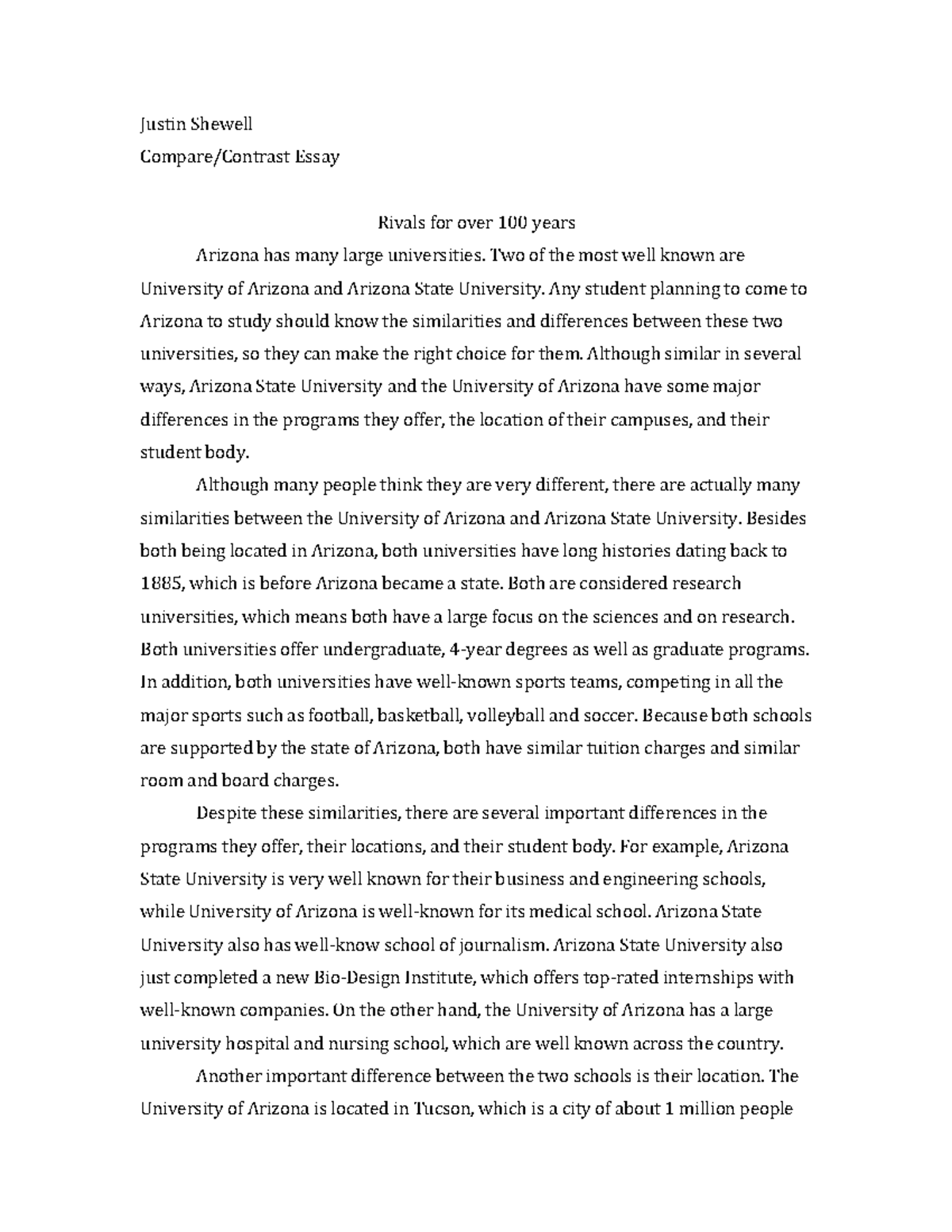 Model Essay: Comparing University of Arizona & ASU - Studocu
