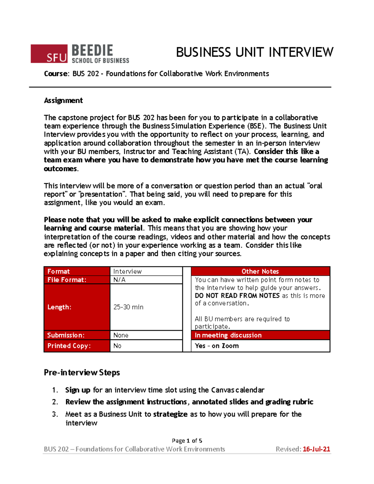 BUS 202 - Business Unit Interview Assignment Guidelines and Tips - Studocu