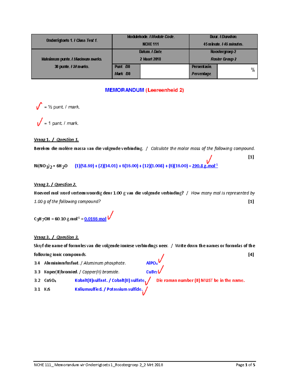 NCHE 111_ Memorandum for Class Test 1_Roster Group 2_2 Mar 2018 - Studocu