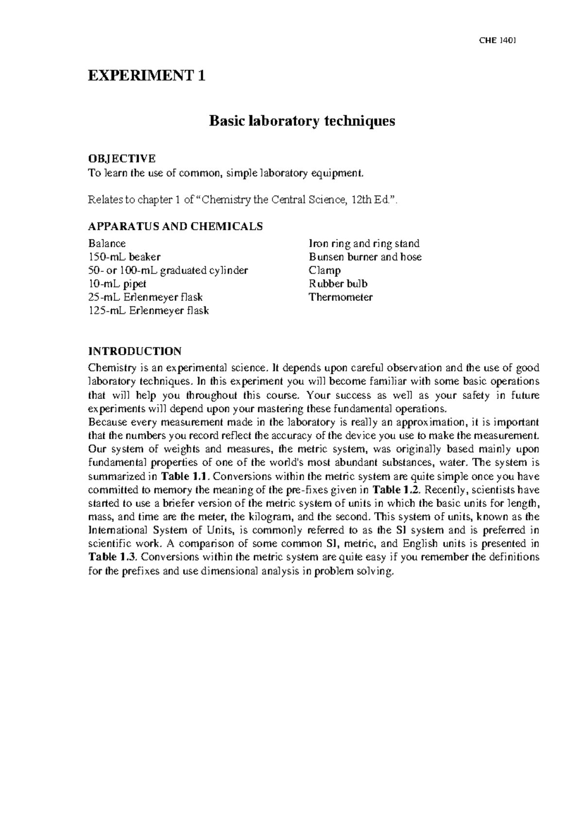CHE1401 Lab 1: Basic Laboratory Techniques Overview and Procedures ...