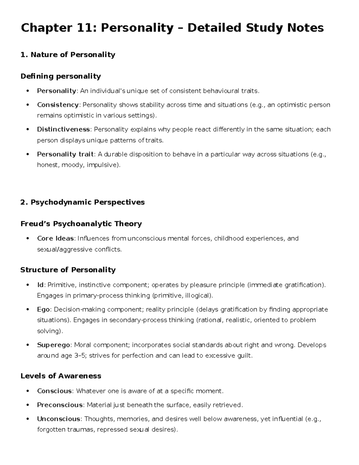 Chapter 11: Detailed Study Notes on Personality (Learning Unit 11 ...