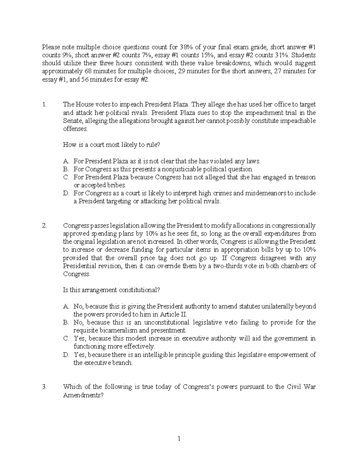 Constitutional Law Final Exam Review Questions - Studocu