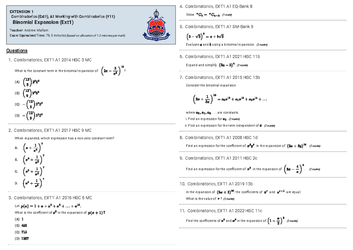 Binomial expansion revision - 1. Combinatorics, EXT1 A1 2014 HSC 3 MC 2 ...