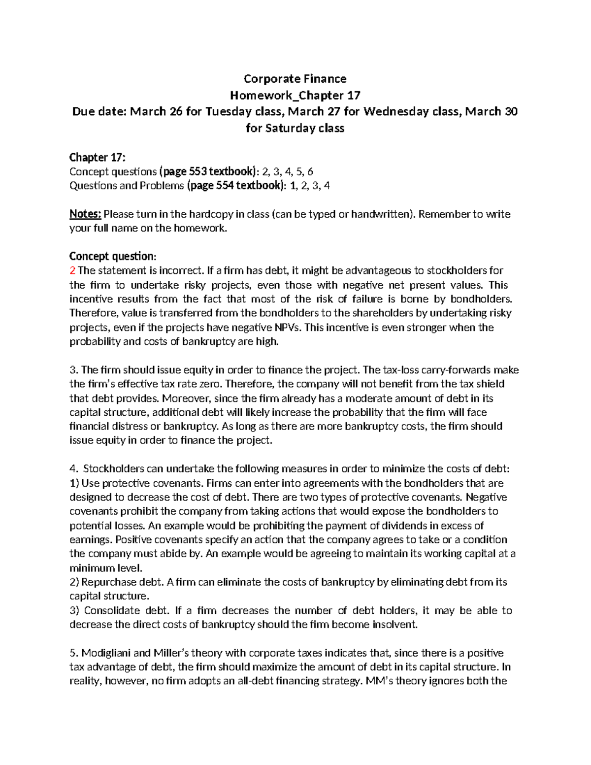 CF Homework on Chapter 17: Key Concepts and Problems Analysis - Studocu
