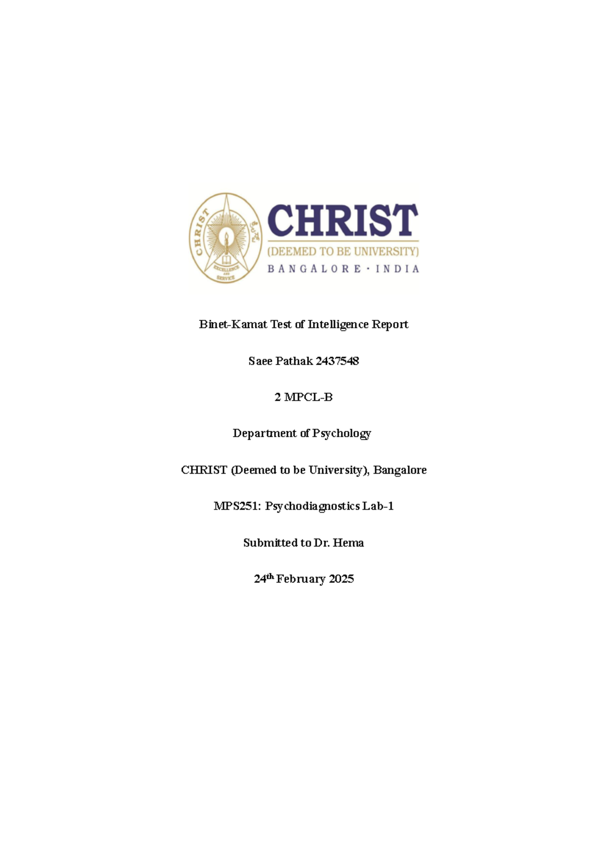 BKT - BKT test report for psychodiagnistics lab 1 - Binet-Kamat Test of ...