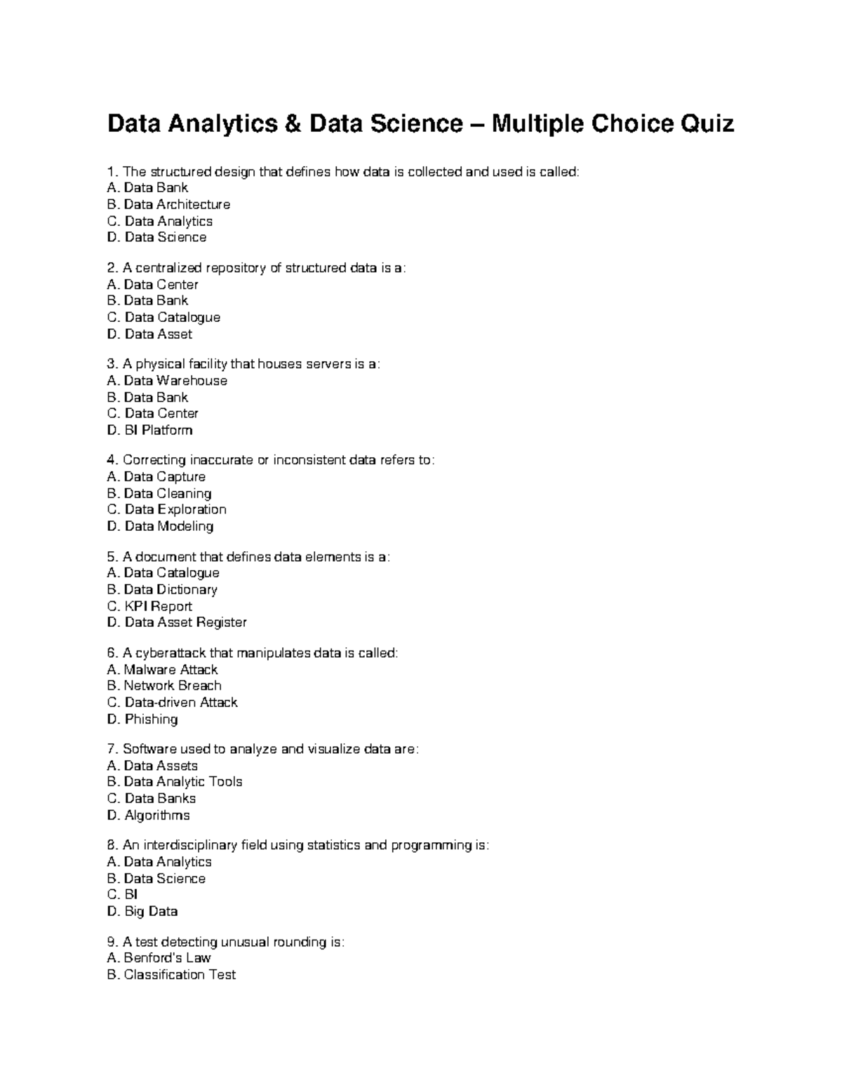 Data Analytics (DAS101) Multiple Choice Quiz 1 - Studocu