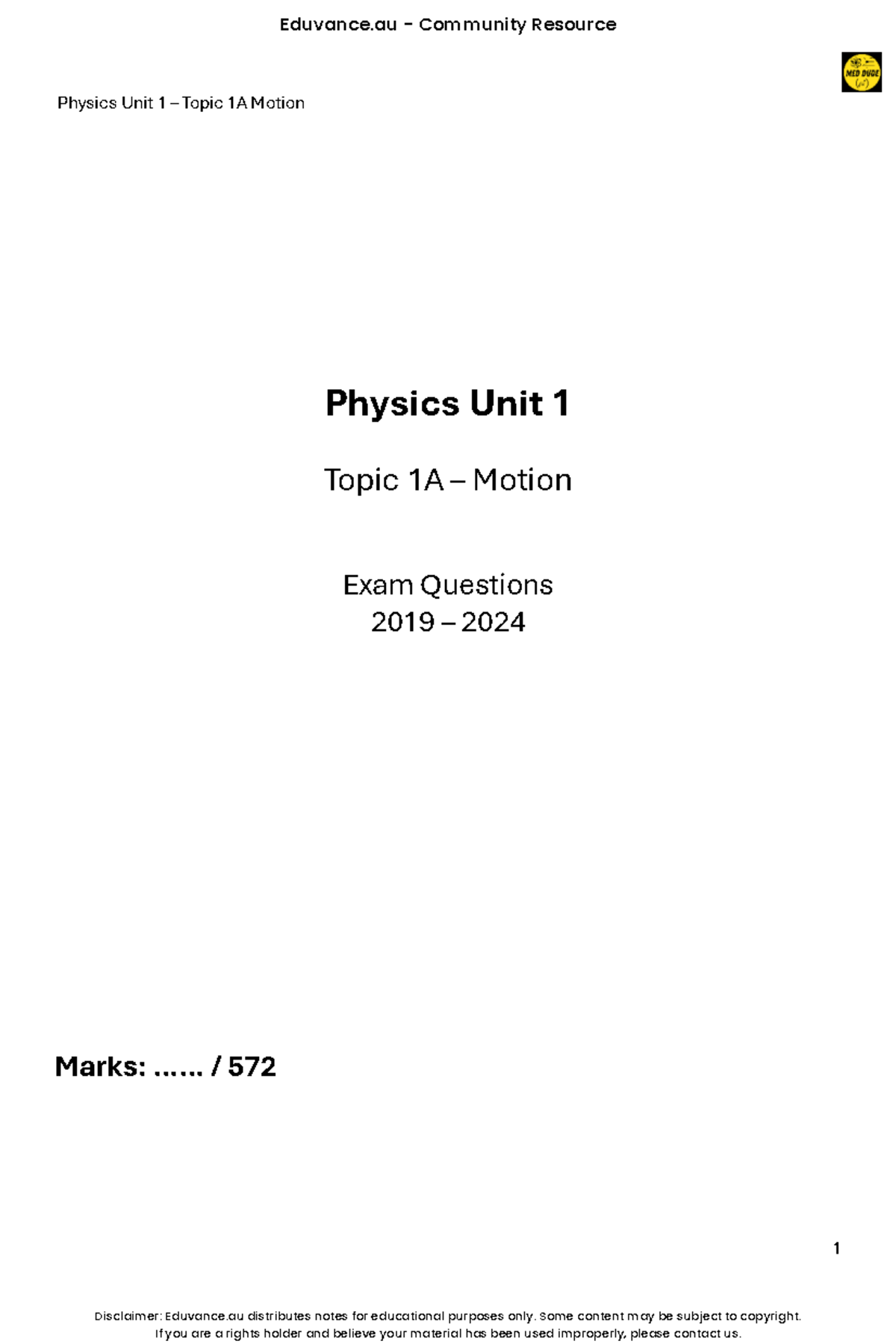 Physics Unit 1 Topic 1A Motion Exam Questions 2019-2024 QP - Studocu