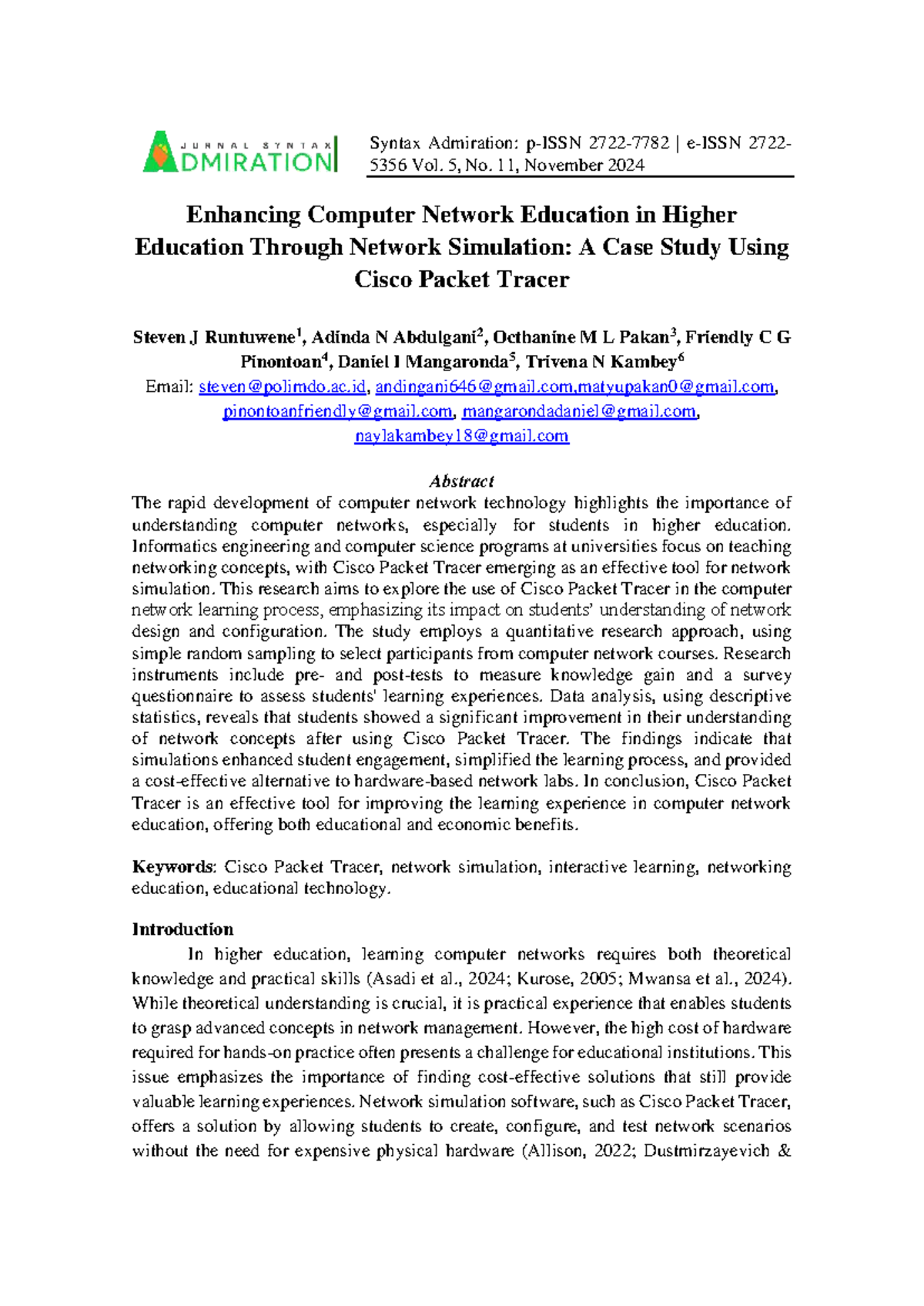 Enhancing Computer Network Education: A Case Study with Cisco Packet ...