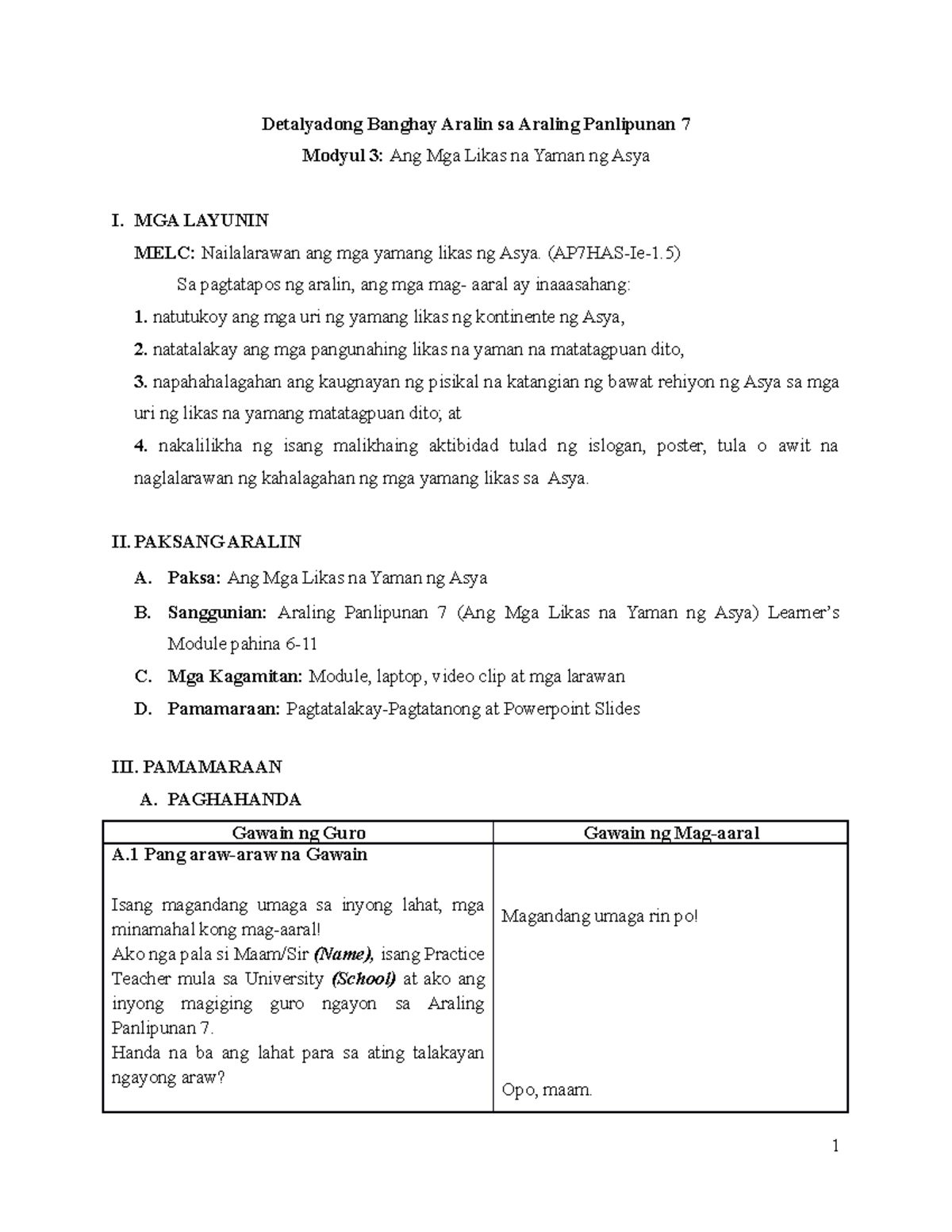 Lesson PLAN - Q1-M3 Mga Likas na Yaman ng Asya: Detalyadong Banghay ...