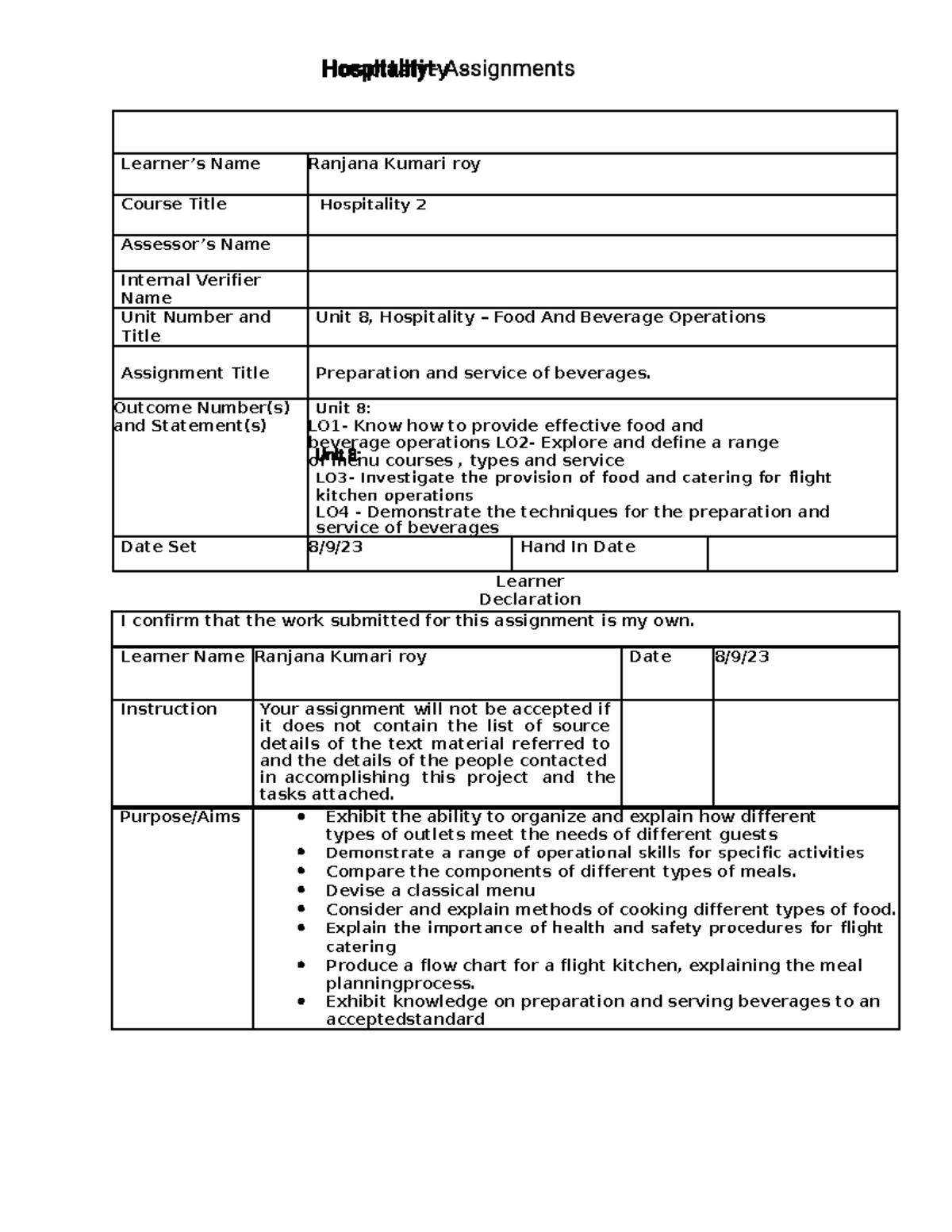 Hospitality 2 - Assignment on Food & Beverage Operations - Studocu