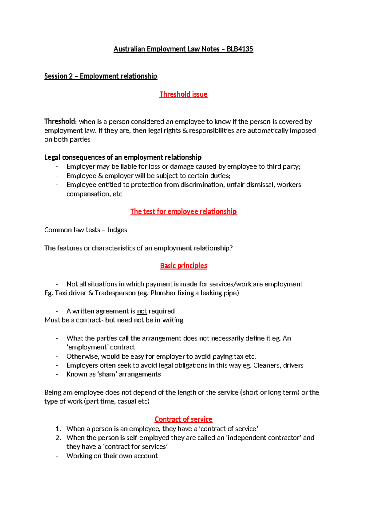 Australian Employment Law Notes BLB4135: Employee Relationship Insights ...