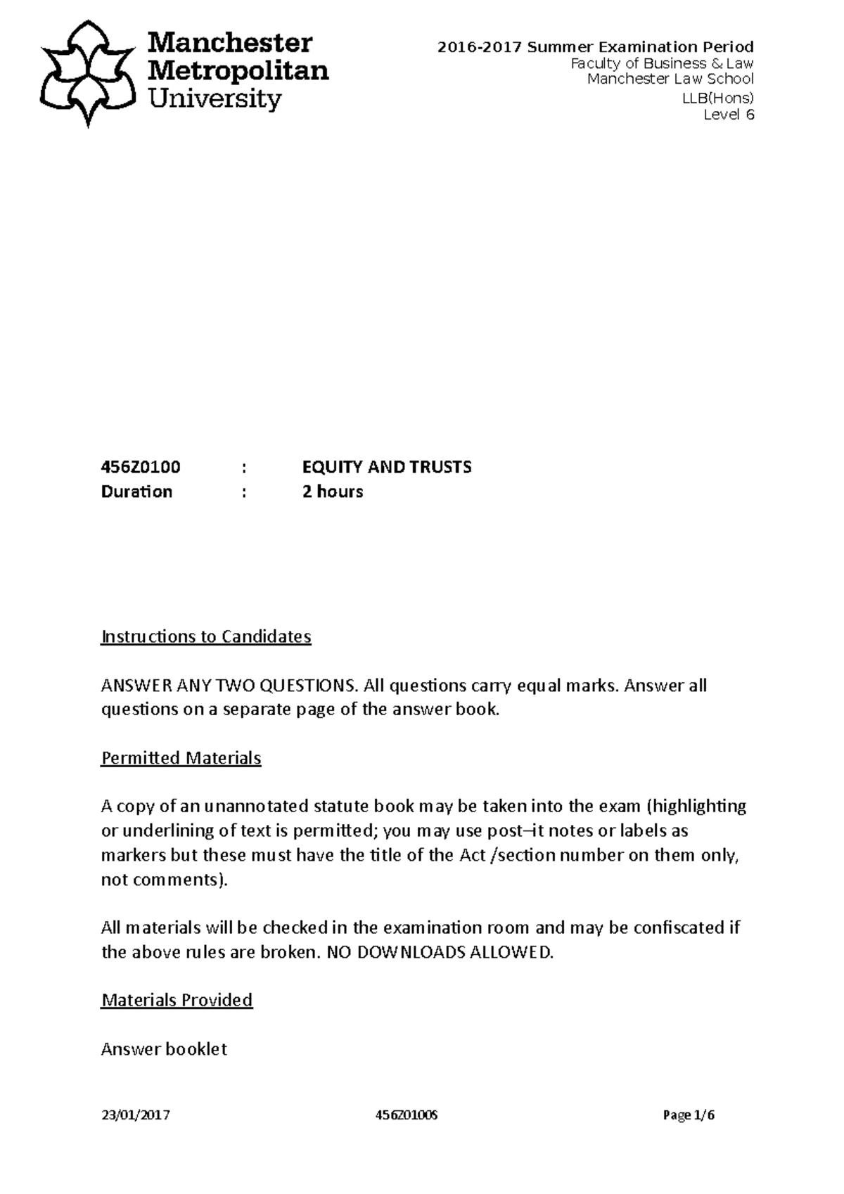 Equity & Trusts 456Z0100 LLB Summer 2017 Final Exam Paper - Studocu